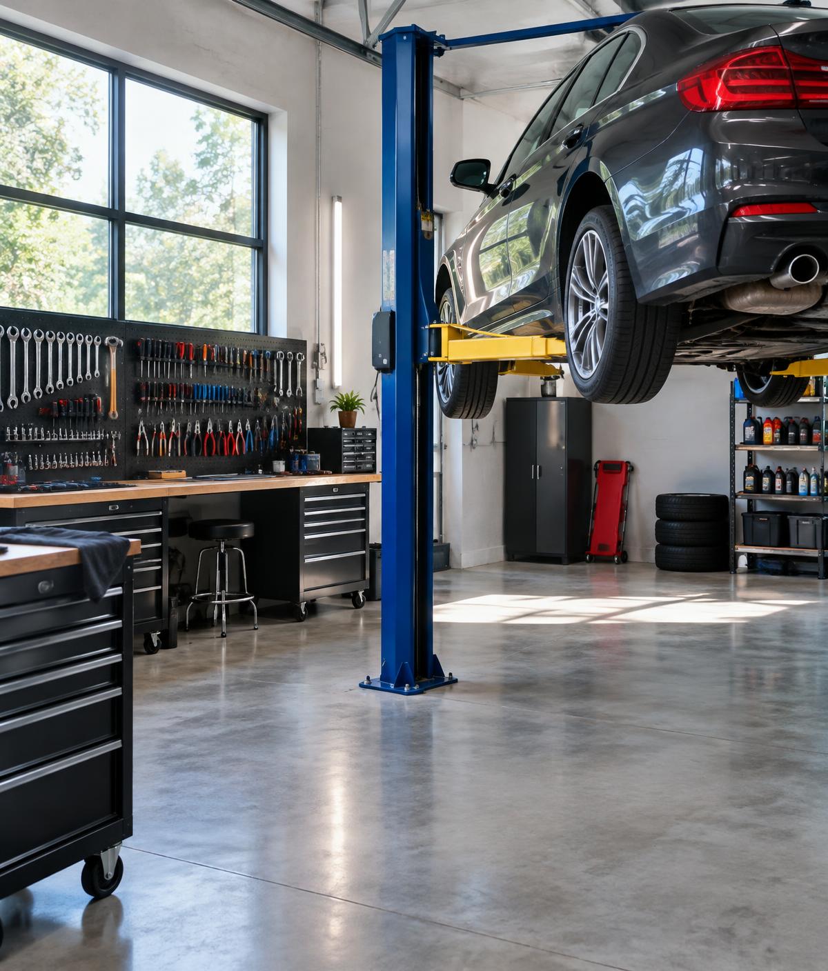 Sfeerbeeld van een autowerkplaats met een auto op de brug